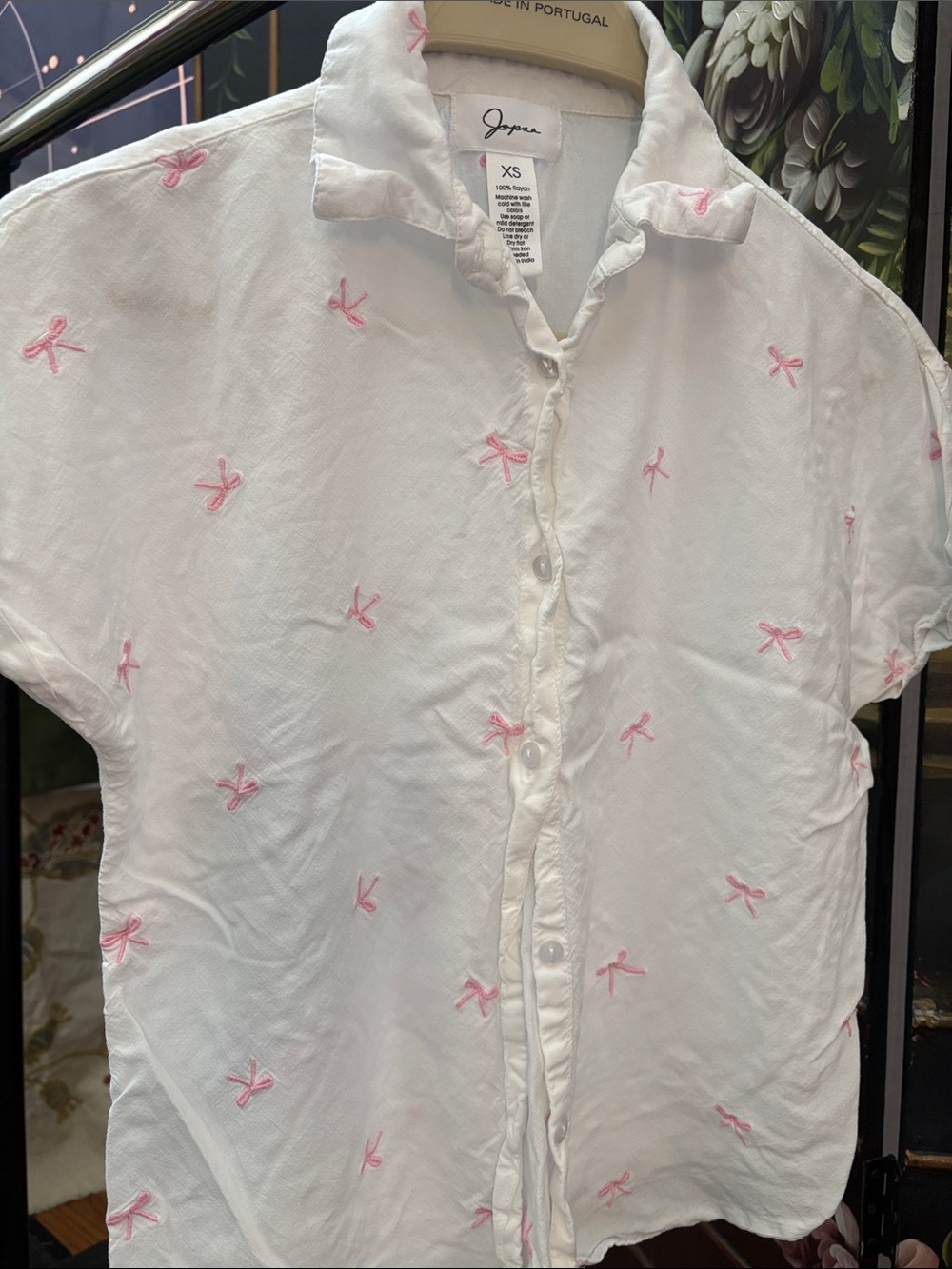 Joules White Button-Down Shirt with Pink Bow Embroidery